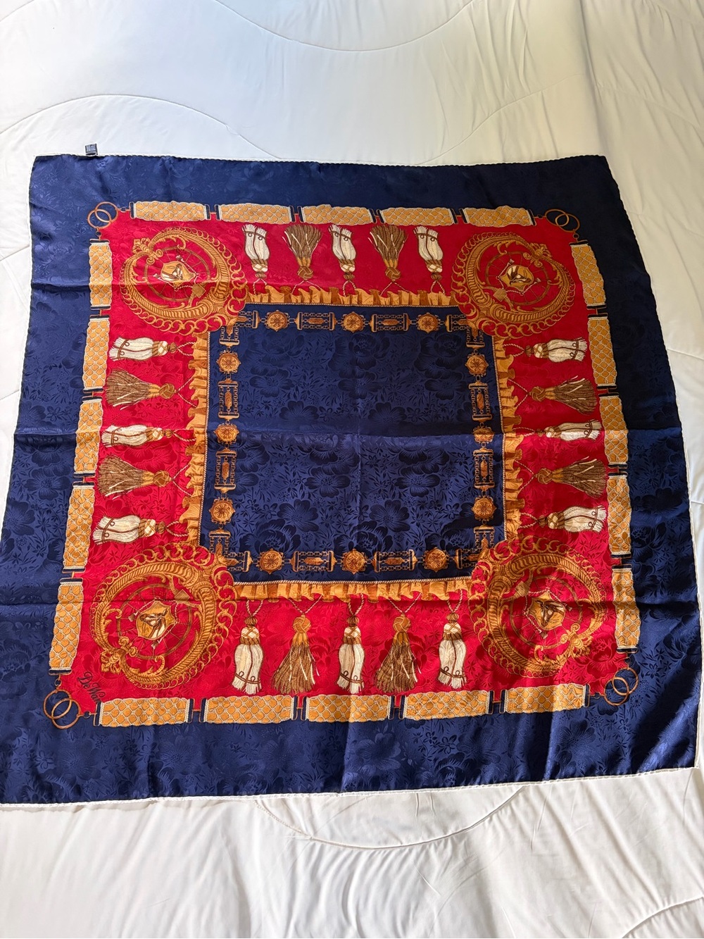 Navy & Red Tassel Print Silk Scarf